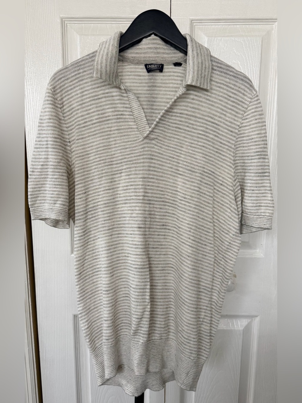 Faherty Reserve Linen Sweater Polo Ivory Steel Feeder Stripe Mens Medium